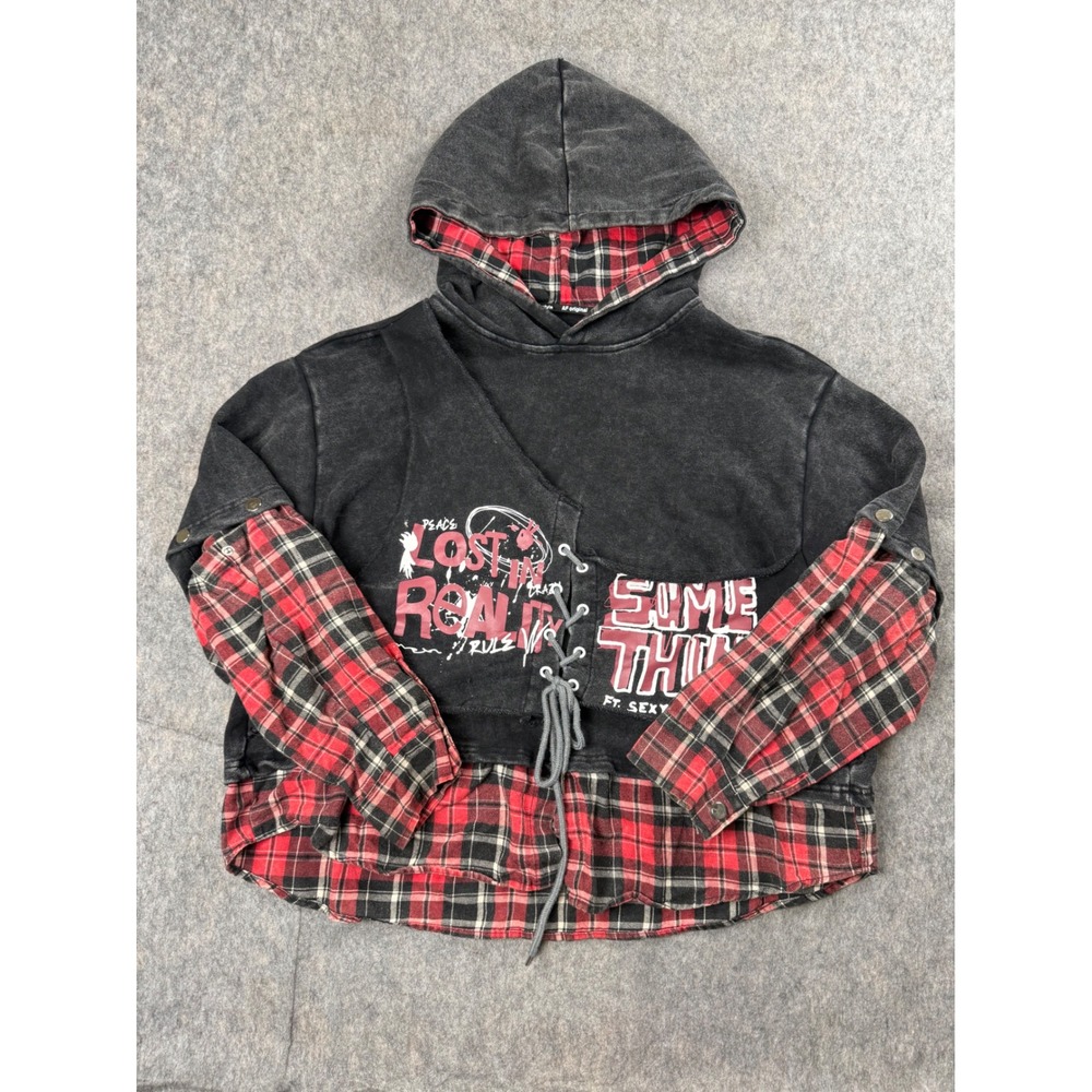 AF Original Hoodie Women L Black Plaid Lace Up Grunge Y2K Graphic Pullover Top